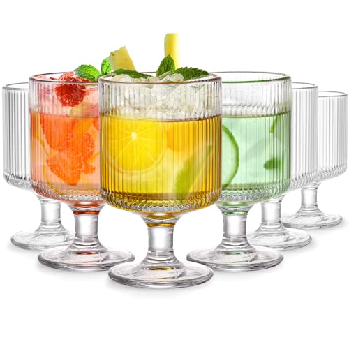 DEAYOU Set mit 6 gerippten Vintage-Weingläsern, 237 ml, klare, geriffelte Wasserkelche, einzigartige Cocktailgläser mit kurzem Stiel, für Eistee, Saft, Whiskey, Bier, Dessert, Party von DEAYOU