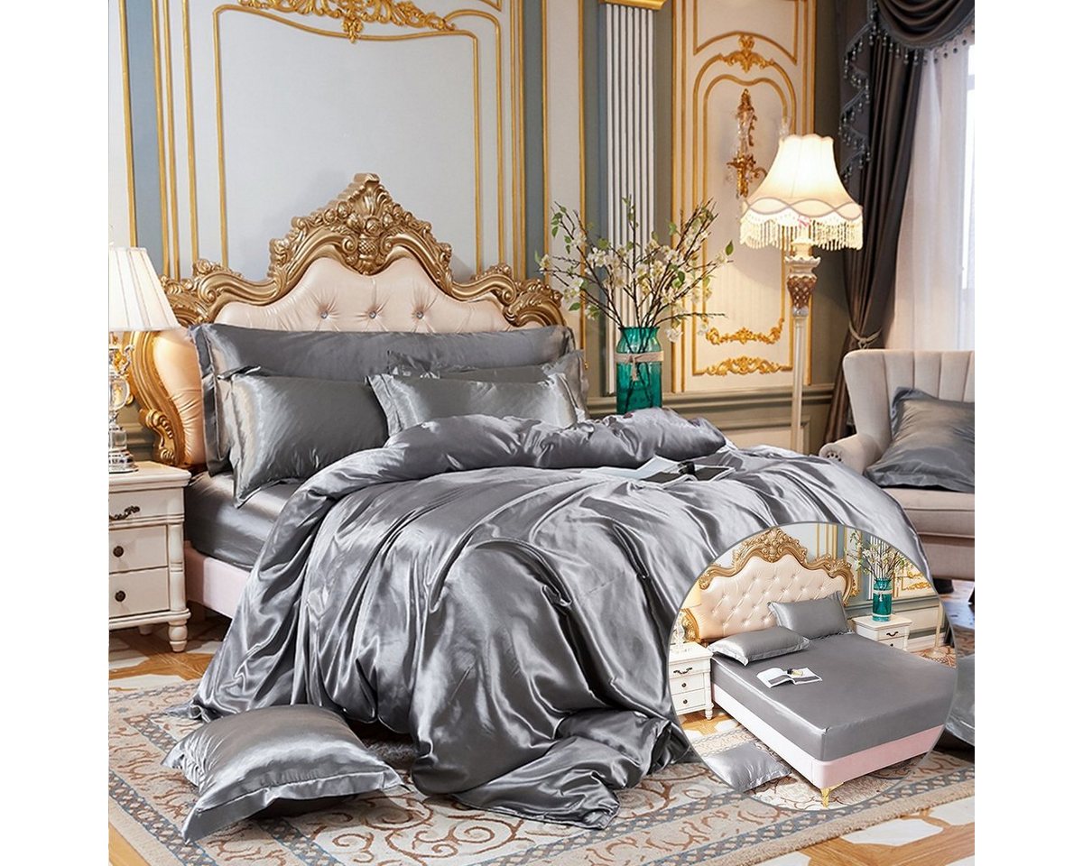 Bettdecke, Kopfkissen + Topper, Satin Seide Bedding 4 teilig Bettwäsche Set Bettbezug Atmungsaktiv, DEBAIJIA von DEBAIJIA