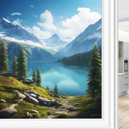 Beautiful Lake Window Privacy Film Modern Mountain View Blue Sky Scenery Stained Glass Window Film Decorative Window Cling for Home Window & Glass Door Sun Blocking 70 x 100 cm von DEBAOKA