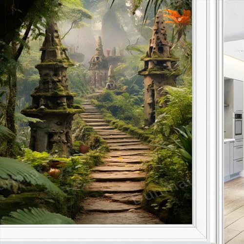 Fantasy Castle Jungle Window Privacy Film Mysterious Forest Vintage Stone Path Stained Glass Window Coverings Static Cling Window Film for Home Office Stores 80 x 120 cm von DEBAOKA