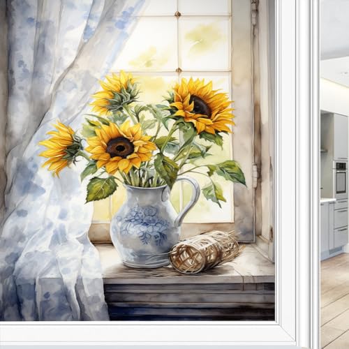 Fensterfolie, Motiv: Aquarell, Sonnenblumen, Vintage, schöne Blumen, statische Haftung, Fensterfolie, Fenster, Fenster, Glas, dekorative Türabdeckung, Sonnenschutz, 45 x 60 cm Fensterfolie, Motiv: Aquarell, Sonnenblumen, Vintage, schöne Blumen, statische Haftung, Fensterfolie, Fenster, Fenster, Glas, dekorative Türabdeckung, Sonnenschutz, 45 x 60 cm von DEBAOKA