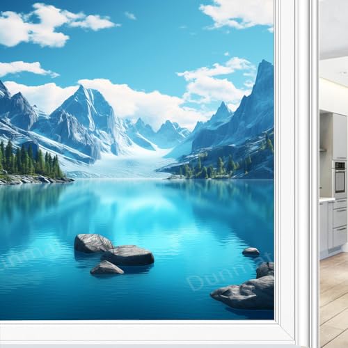 Modern Blue Lake Window Privacy Film Beautiful Mountain Woods Scenery Stained Glass Window Film Sun Blocking Heat Control Decorative Window Covering Film for Home Office 80X120CM von DEBAOKA
