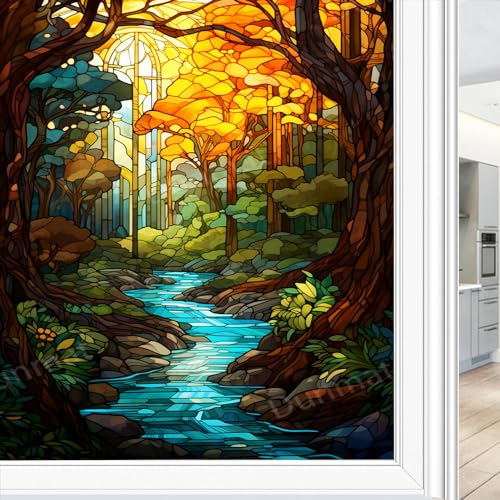 Modern Forest Fenster Sichtschutzfolie Schöne Bäume Fluss Fantasy Landschaft Buntglas Fensterfolie Sonnenblockierung Wärmeregulierung Dekorative Fensterabdeckung Folie für Home Office 80 * 120cm von DEBAOKA