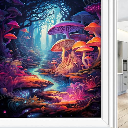 Mystery Mushroom Window Privacy Film Forest Night Trees Psychedelic Plants Stained Glass Window Film Sun Blocking Heat Control Decorative Window Covering Film for Home Office 80x120cm von DEBAOKA