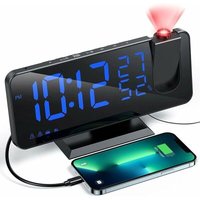 Projektor-Wecker mit Radio, Digitaluhr, USB-Radiowecker mit Doppelalarm und 7-LED-Spiegelbildschirm (Blue Word), von DEBUNS von DEBUNS