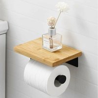 Schwarzer selbstklebender Toilettenpapierhalter mit Bambusregal, Toilettenpapierhalter, Wandmontage ohne Bohren, Edelstahl SUS304, BPH220BADM-BK, von von DEBUNS