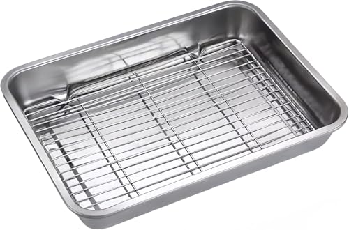 10"-23" Edelstahl-Bräter, robuste Putenpfannen für den Ofen, Toaster-Backblech mit Abkühlgitter, Hotelpfanne, Grillpfanne, tiefer Rand, Hochglanzbehandlung, spülmaschinenfest von DECAKE