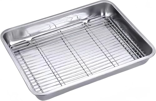 10"-23" Edelstahl-Bräter, robuste Putenpfannen für den Ofen, Toaster-Backblech mit Abkühlgitter, Hotelpfanne, Grillpfanne, tiefer Rand, Hochglanzbehandlung, spülmaschinenfest von DECAKE