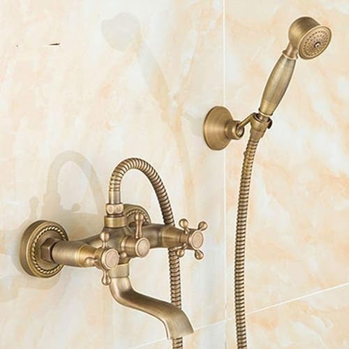 DECAKE Badewannenarmaturen Badezimmer Wandmontage Wasserhahn Mischbatterie mit Handbrause Antik Bronze Badewannenarmatur Set,Antik Messing B von DECAKE