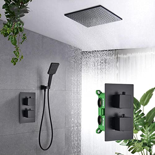 DECAKE Badezimmer Mattschwarzer Duschhahn Regenduschkopf Deckenmontierter Badewannenmischbatterie-Set Wand-Decke 12 Zoll-2-Wege von DECAKE