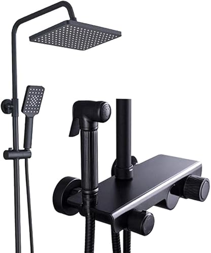 DECAKE Badezimmer-Thermostat-Set, quadratisch, Regen-LED-Bildschirm, Temperatur-Digitalanzeige mit Sprüher, 3 Modi, Kopfbrause, Mischbatterie-System, Schwarz von DECAKE