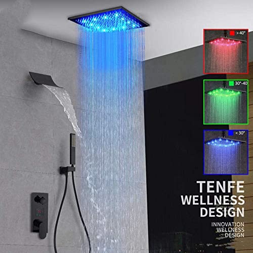 DECAKE Digitales Duscharmaturen-Set, schwarzer LED-Regenwasserfall-Duschkopf, Digitale Temperaturanzeige, Mischbatterie, verdeckter Duschhahn, 12 Zoll, komplettes Set von DECAKE