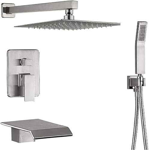 DECAKE Dreifunktionales Duschsystem, 10 Zoll Regenduschkopf, quadratisch, schwarz, verdecktes Regendusch-Mischbatterie-Set mit Wasserfall-Badewannenauslauf von DECAKE