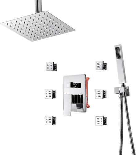 DECAKE Duschkörper-Sprühsysteme 10-Zoll-Regenduschkopf mit 6 Körpersprays und Handbrause 3-Funktions-Regenmischer-Duschset Chrom,B von DECAKE