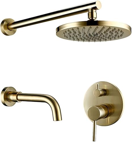 DECAKE Luxus Gold Messing Runde Badezimmer gebürstet Wasserhahn Regen Wandmontage Kopfbrause Mischbatterie System Set, 10 Zoll DECAKE Luxus Gold Messing Runde Badezimmer gebürstet Wasserhahn Regen Wandmontage Kopfbrause Mischbatterie System Set, 10 Zoll von DECAKE