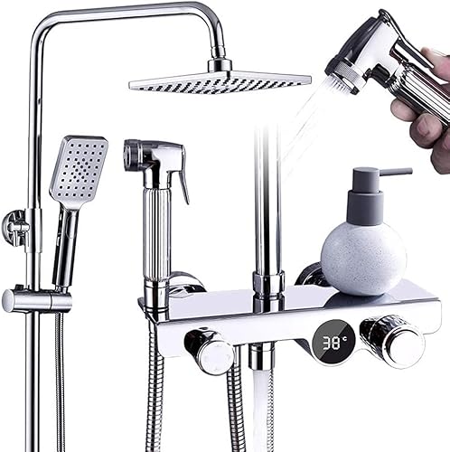 DECAKE Thermostat-Badezimmerset, quadratisch, Regen-LED-Bildschirm, Temperatur-Digitalanzeige mit Sprüher, 3 Modi, Kopfbrause, Mischbatterie-System, Chrom von DECAKE