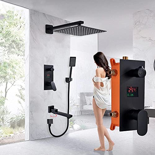 DECAKE Wasserhahn 3-Funktionen Mattschwarz Digital Duscharmaturen Set Regenduschkopf 3-Wege-Schalter Duschset Mischbatterie-16 Zoll B von DECAKE