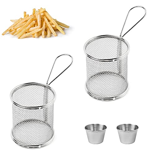 DECARETA 2 Stücke Frittierkorb Klein Servierkörbchen für Pommes Mini Pommes Körbchen Pommeskörbchen Edelstahl Friteusenkorb Frittierkörbchen zum Servieren mit 2 Tasse für Pommes Frites Garnelen von DECARETA