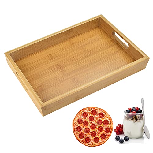 DECARETA Serviertablett Bambus Tablet Rechteckig Holz Griff Tablett Holztablett mit Griffen Serviertabletts 38 * 25cm Küchentablett Servierplatten für Frühstück Geschirr Getränke von DECARETA