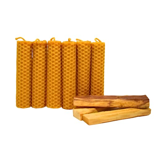 DECEVI Bienenwachskerzen Honigwabe – 8 Stück – 100% Natürliches spanisches Bienenwachs – Handgefertigt & Ohne Paraffin – Nachhaltige Kerzen für Zuhause (6 Stück + 3 Heiliges Holz, 10 cm x 2,2 cm) von DECEVI