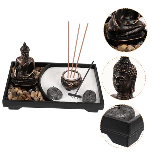 DECHOUS 1 Satz Japanischer Zen-Garten Feng-Shui-Buddha-Statue Mini-steingarten Meditationsgartensteine Tisch-Buddha-Statue Sand-Zen-Garten Holz Weihrauchbrennerschale Esstisch von DECHOUS