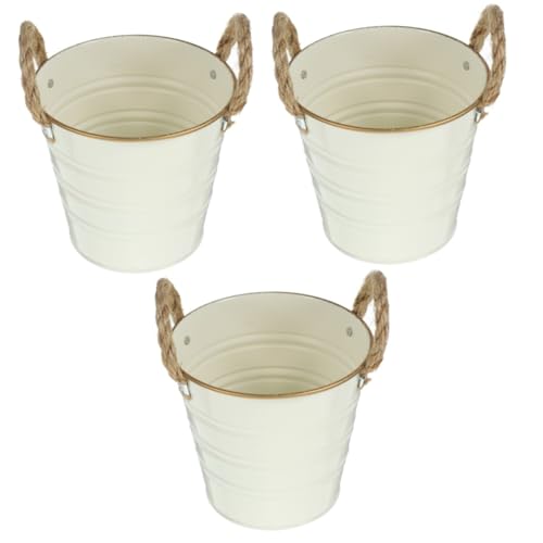 DECHOUS 3 Stück Blumentopf Schwelle Bauernhaus Französischer Eimer Töpfe Für Zimmerpflanzen Veranda - Kleine Blecheimer Selbstbewässernde Töpfe Terrakotta Rustikal Netz Beige Hanfseil von DECHOUS