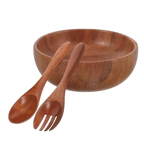 DECHOUS Natürliche Holz salatschüssel mit Löffel und Gabel Tiefe Schale aus Akazienholz Leicht Langlebig Glatte Kanten Vielseitig für Salat Suppe und Nudeln Japanischer Stil von DECHOUS