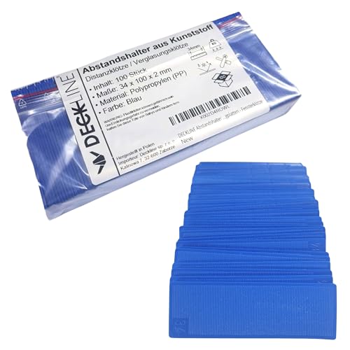 DECKLINE Abstandshalter Kunststoff - 100 Stück - 34 x 100 x 2 mm - Set - Distanzklötze für Fußböden, Fenstern, Türen - Verglasungsklötze - Unterlegplatten - Fensterklötze von DECKLINE