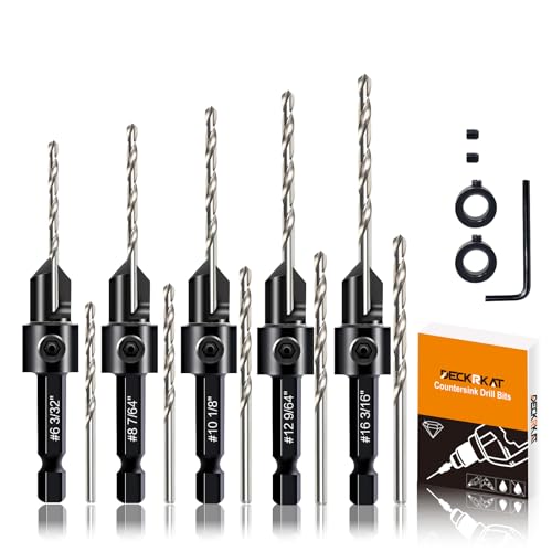 DECKRKAT 12-teiliges Kegelsenker-Bohrer-Set – 3-in-1 Holz-Senkbohrungs-Set für #6#8#10#12#16 Schrauben | 82° Fase, tiefenverstellbar | 5 Ersatz-Bits, 2 Grenzringe, Sechskantschlüssel, Koffer von DECKRKAT