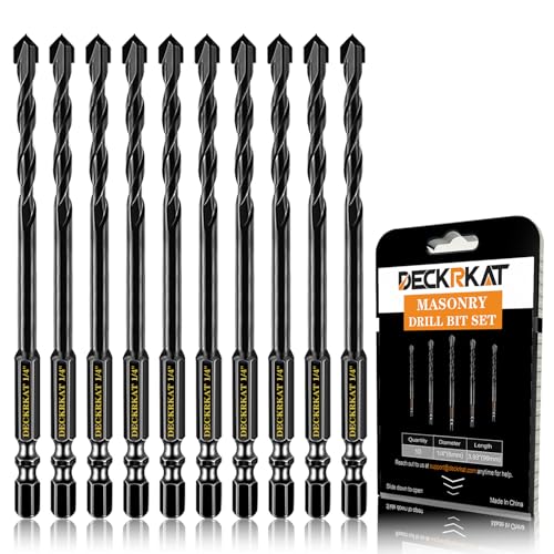 DECKRKAT Hartmetall-Steinbohrer für Beton, Ziegel, Fliesen, 6,35 mm (1/4 Zoll), schwarzer Sechskantschaft mit robustem Koffer, Schnellwechselbohrer, 10-teilig von DECKRKAT