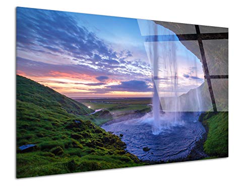 DECLINA Bild aus Plexiglas, Motiv Seljalandsfoss Violett – Druck Glas Natur und Landschaft – Wanddekoration für Dekoration Haus, Küche, Wohnzimmer, Schlafzimmer, Büro – 120 x 80 cm von DECLINA