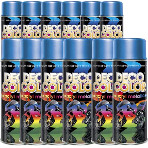 Deco Color 12er Sparpack Lackspray BLAU 400ml - Sprühlack mit Effekt für z.B. KFZ, Fahrrad (12 Dosen Lackspray Blau mit Metallic-Effekt) von Deco Color