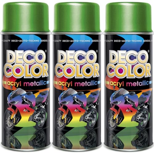 DECO COLOR 3er Sparpack Lackspray Metallic GRÜN 400ml - Sprühlack mit Metallic Effekt für z.B. KFZ, Fahrrad uvm. (3 Dosen Lackspray Grün mit Metallic-Effekt) von DECO COLOR