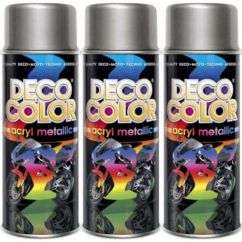 Deco Color 3er Sparpack Lackspray 400ml - Sprühlack mit Effekt für z.B. KFZ, Fahrrad uvm. (3 Dosen Lackspray Silber mit Metallic-Effekt) von Deco Color