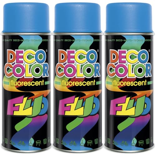 DECO COLOR 3er Sparpack Lackspray Neon BLAU 400ml - fluoreszierender ACRYL - Sprühlack in leuchtenden Farben (3 Dosen 400ml Neon Blau) von DECO COLOR