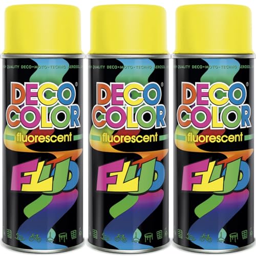 Deco Color 3er Sparpack Lackspray Neon GELB 400ml - fluoreszierender ACRYL - Sprühlack in leuchtenden Farben (3 Dosen 400ml Neon Gelb) von Deco Color
