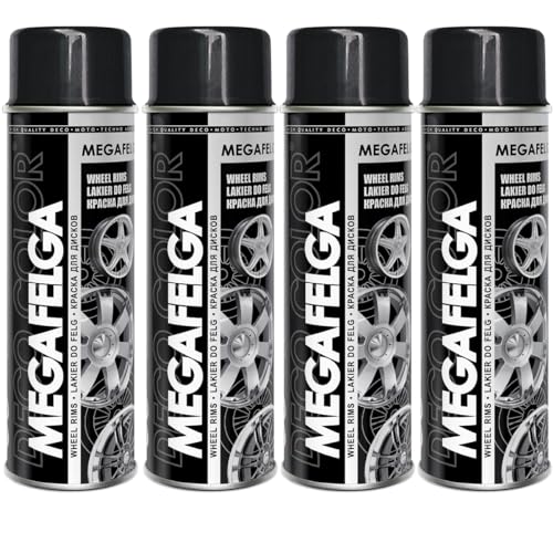 Deco Color 4er Sparpack MEGAFELGA SCHWARZ RAL 9005 GLANZ in 500ml - Felgenlack - Lackspray für Alufelgen und Stahlfelgen (4 Dosen 500ml Felgenlack Schwarz Glanz) von Deco Color