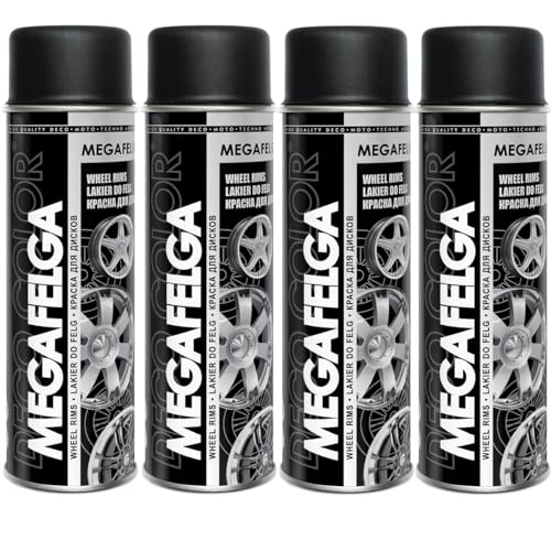 Deco Color 4er Sparpack MEGAFELGA SCHWARZ RAL 9005 MATT in 500ml - Felgenlack - Lackspray für Alufelgen und Stahlfelgen (4 Dosen 500ml Felgenlack Schwarz Matt) von Deco Color