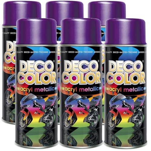 DECO COLOR 6er Sparpack Lackspray Metallic VIOLETT 400ml - Sprühlack mit Metallic Effekt für z.B. KFZ, Fahrrad uvm. (6 Dosen Lackspray Violett mit Metallic-Effekt) von DECO COLOR