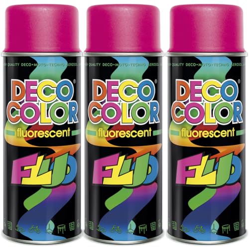 DECO COLOR 3er Sparpack Lackspray Neon PINK 400ml - fluoreszierender ACRYL - Sprühlack in leuchtenden Farben (3 Dosen 400ml Neon Pink) von DECO COLOR