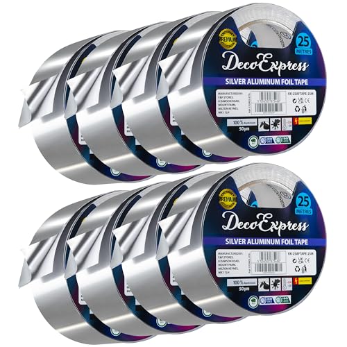 DECO EXPRESS Aluminium Klebeband, Metall Duct Tape zum Reparieren, Selbstklebende Alufolie Dichtband 45 mm x 10/25/50 m Wasserdicht Hitzebeständig (Silber 25M, 8 Rolle) von DECO EXPRESS