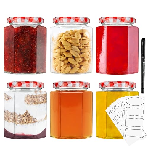 DECO EXPRESS Einmachgläser 500 oder 250 ml Set - Luftdichtes Aufbewahrungsglas mit Deckel, Sechseckige Marmeladengläser inkl. Marker & Etiketten (Rot 250ml - 6er Pack) von DECO EXPRESS