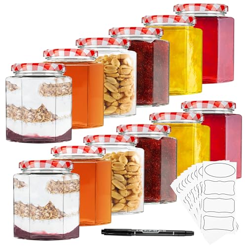 DECO EXPRESS Einmachgläser 500 oder 250 ml Set - Luftdichtes Aufbewahrungsglas mit Deckel, Sechseckige Marmeladengläser inkl. Marker & Etiketten (Rot 500ml - 12er Pack) von DECO EXPRESS