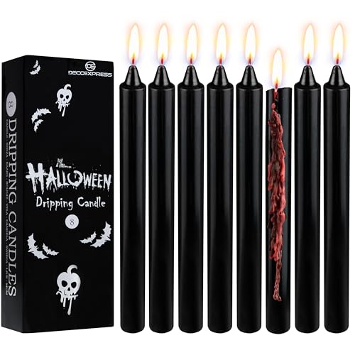 DECO EXPRESS Halloween Deko Stabkerzen Schwarz, 8er Set Kerzen mit Rotem Bluttropf Effekt, 5h Brenndauer, Horror Gothic Hexen Zubehör Party Dekoration (Schwarz Bluteffekt) von DECO EXPRESS