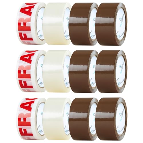 DECO EXPRESS Paketklebeband 12er Pack Paketklebeband Braun, Klebeband Transparent und Zerbrechlich Klebeband - Packing Tape zum Verpacken, Umzug (Bänder Gemischt, 1er-Pack) von DECO EXPRESS