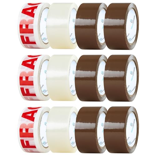 DECO EXPRESS Paketklebeband 12er Pack Paketklebeband Braun, Klebeband Transparent und Zerbrechlich Klebeband - Packing Tape zum Verpacken, Umzug (Bänder Gemischt, 1er-Pack) von DECO EXPRESS