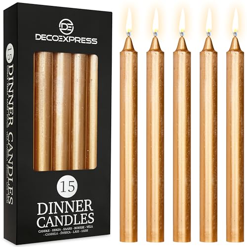 DECO EXPRESS Stabkerzen Kerzen Set 15er Pack Handgemachte Rustik Kerzen Geruchslos Lange Brenndauer bis zu 9 Stunden Tropffreie Tafelkerzen (Gold - 15er-Pack) von DECO EXPRESS