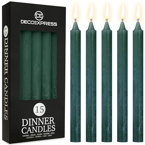 DECO EXPRESS Stabkerzen Kerzen Set 15er Pack Handgemachte Rustik Kerzen Geruchslos Lange Brenndauer bis zu 9 Stunden Tropffreie Tafelkerzen (Grün - 15 Pack) von DECO EXPRESS
