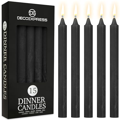 DECO EXPRESS Stabkerzen Kerzen Set 15er Pack Handgemachte Rustik Kerzen Geruchslos Lange Brenndauer bis zu 9 Stunden Tropffreie Tafelkerzen (Schwarz - 15er Pack) von DECO EXPRESS