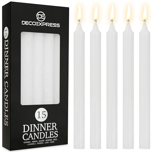 DECO EXPRESS Stabkerzen Kerzen Set 15er Pack Handgemachte Rustik Kerzen Geruchslos Lange Brenndauer bis zu 9 Stunden Tropffreie Tafelkerzen (Weiß - 15 Pack) von DECO EXPRESS